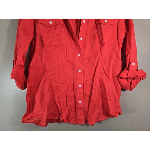 Chico's Salmon Linen Blend Tab Sleeve Button Down Sz 2 RN 79984 Comfy Casual - Picture 2 of 9